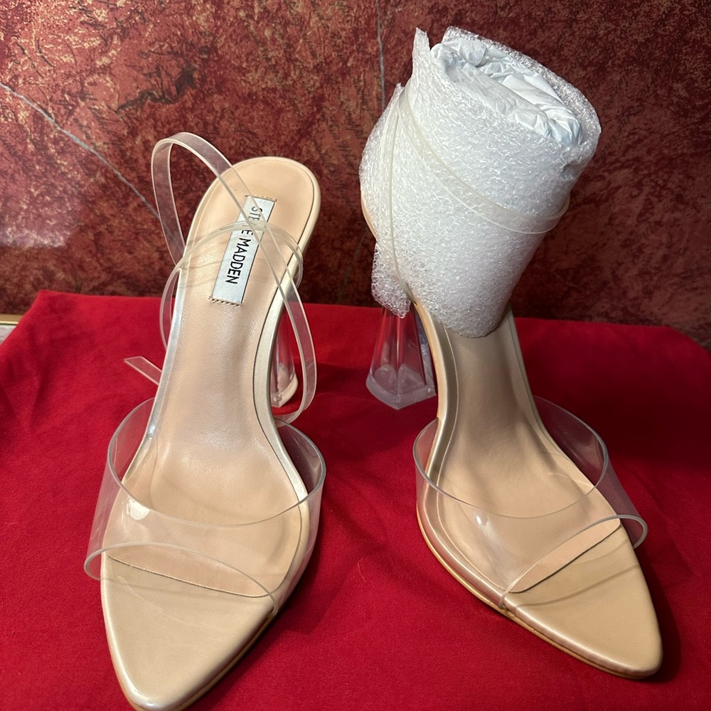Steve Madden Clear-Strap Nude Pointed Slingback Heels